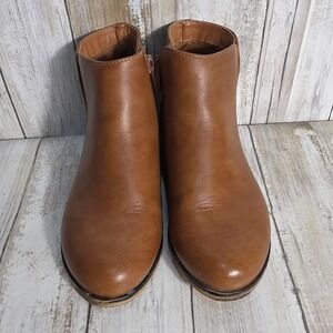 Kids Tan Faux Leather Ankle Boots Side Zip Almond Toe Brown Booties Size 12